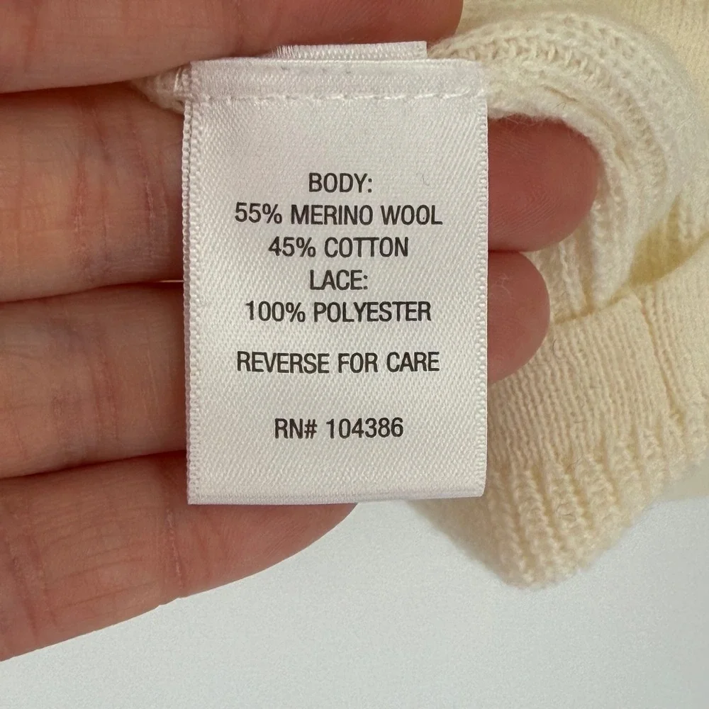 Garnet Hill‎ Merino Wool Cotton Lace Shoulder Sweater Ivory Size Medium